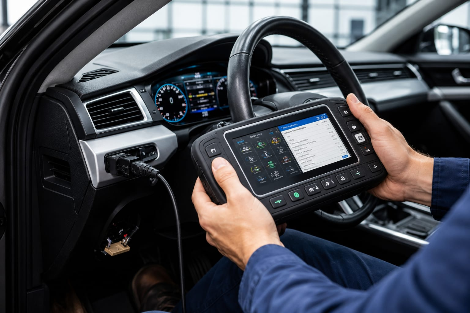 Scanner de diagnóstico automotivo conectado ao painel do veículo na Anhaia Mello Pneus